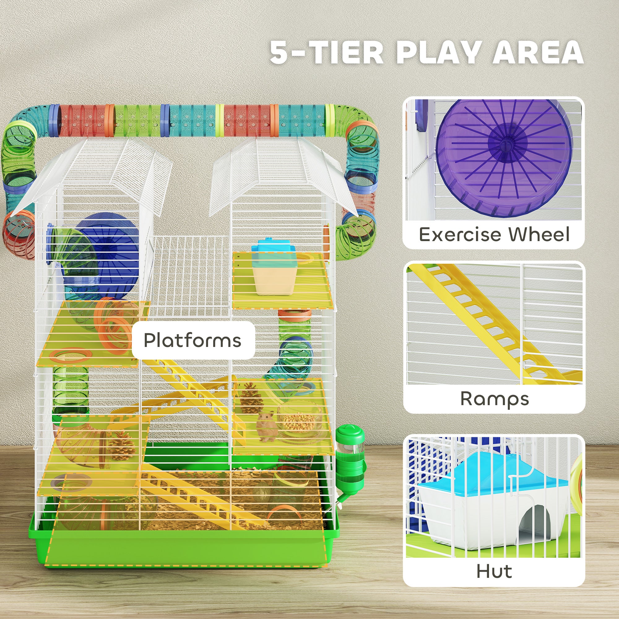 18.5" 5 Tier Hamster Cage with Tubes and Tunnels, Small Animal Cage, Rat Gerbil Cage with Water Bottle, Food Dish, Exercise Wheel, Green