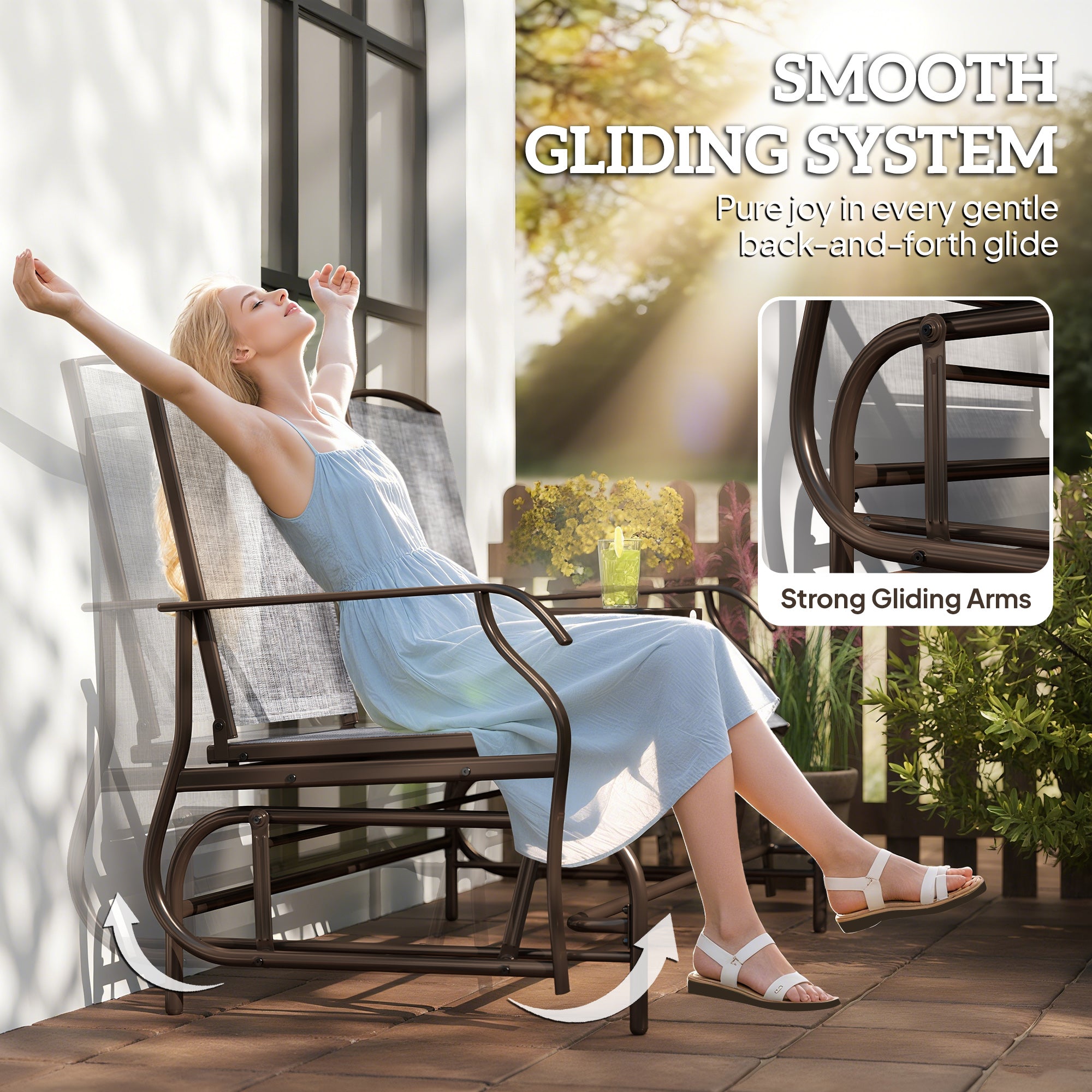2-Seat Outdoor Glider Swing, Center Coffee Table and Independent Chairs, Supports Up to 352 lbs., Loveseat with Breathable Sling for Backyard, Garden, and Porch, Brown