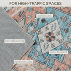 4x6 Area Rug, Vintage Machine Washable Rug, Non-Slip Floor Carpet for Living Room, Bedroom, Dining Room, Brown and Blue