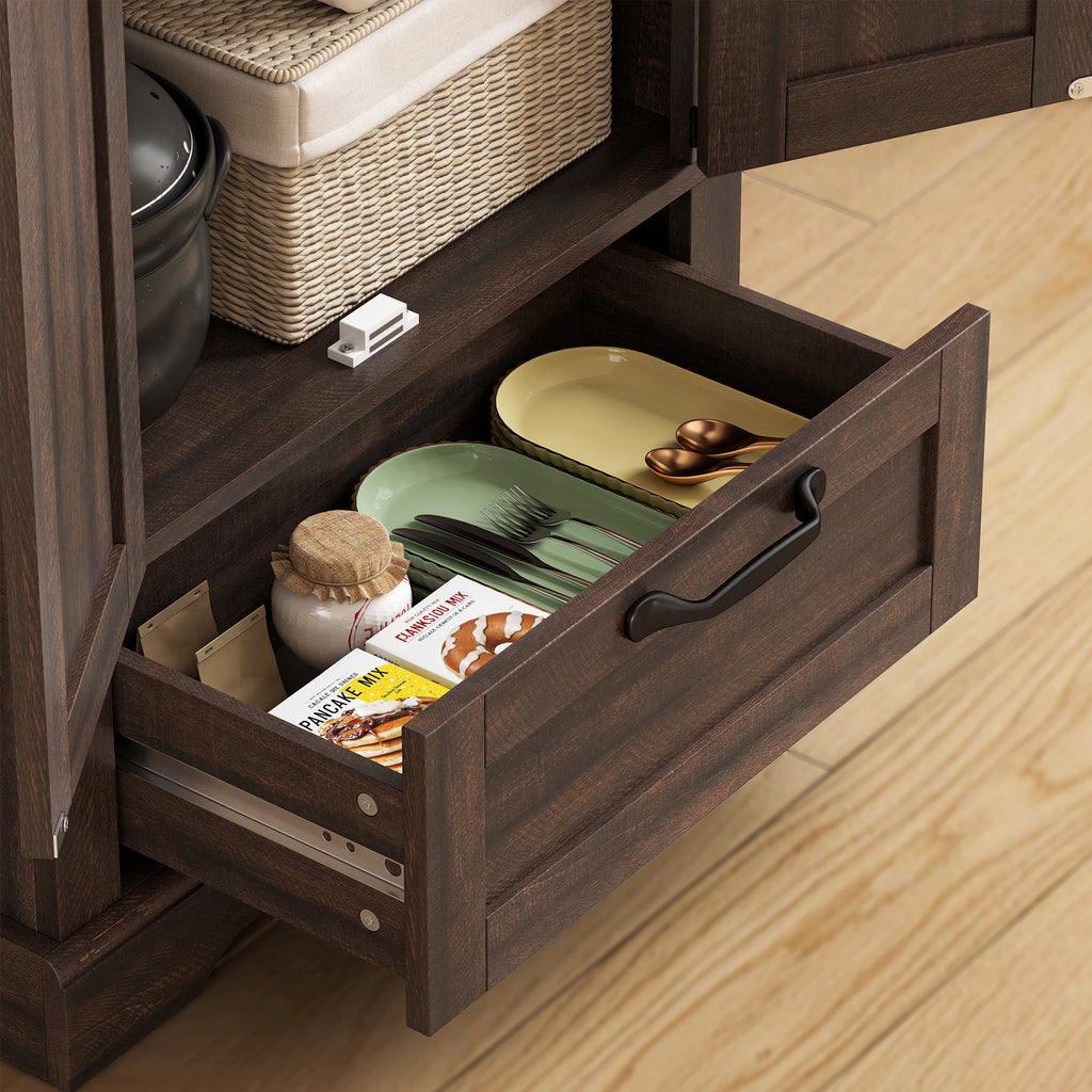 71" Pantry Cabinet, Kitchen Storage Cabinet with Adjustable Shelves, Barn Doors and Drawer for Dining Room, Brown