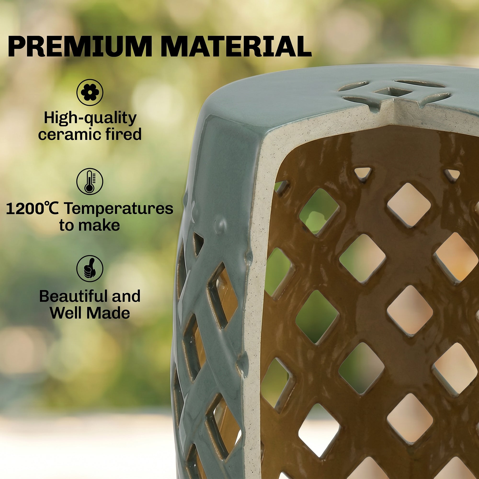 12.5" x 18" Ceramic Garden Stool with Woven Lattice Design & Glazed Strong Materials Decorative Outdoor Stool, Green