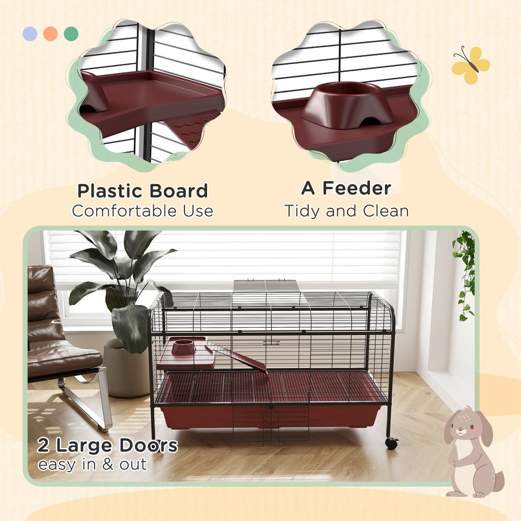 48" L Small Animal Cage, Pet Play House for Rabbit Hutch or Ferret with Feeder, Rolling Wheels, Platform, Ramp