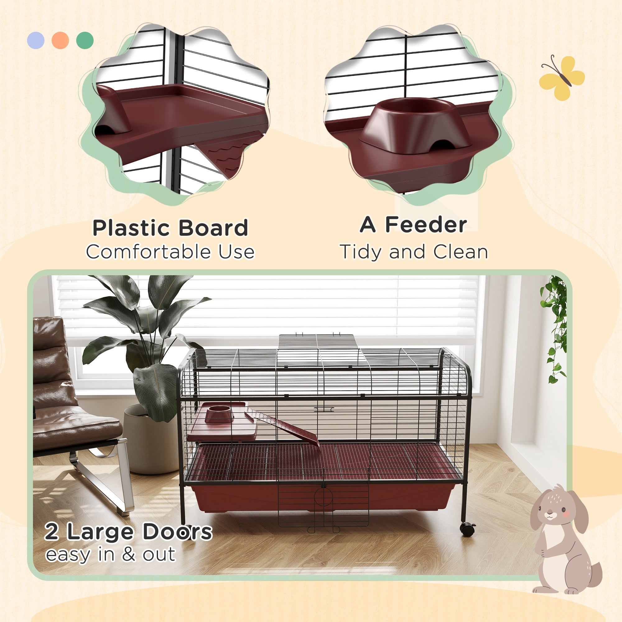 48" L Small Animal Cage, Pet Play House for Rabbit Hutch or Ferret with Feeder, Rolling Wheels, Platform, Ramp