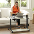 Adjustable Standing Desk with Power Outlets, Stand Up Desk with Tiltable Tabletop, Wheels, Shelf, for Home Office, Oak