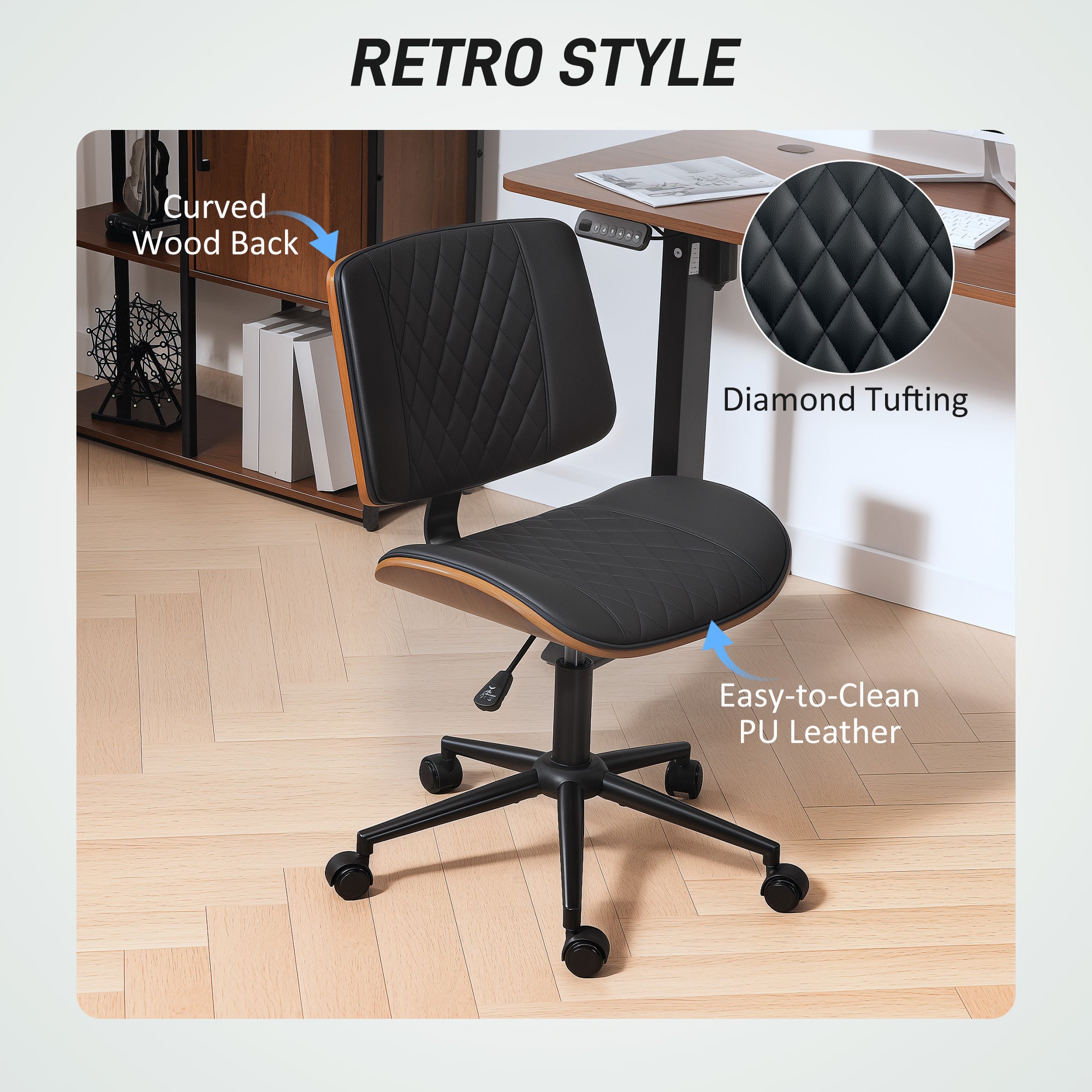 Home Office Chair No Arms with Wheels, PU Leather Desk Chair with Adjustable Height, 360 Swivel for Reading, Black