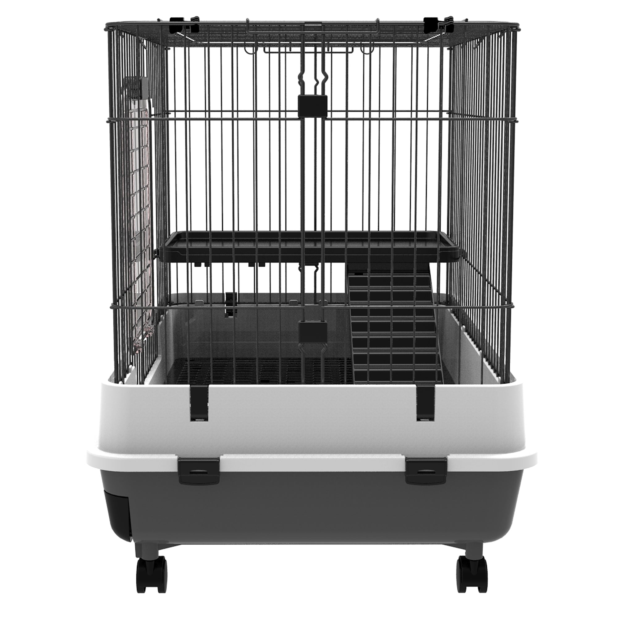 2-Level Small Animal Cage Rabbit Hutch with Wheels, Removable Tray, Platform and Ramp for Bunny, Chinchillas, Ferret, Black