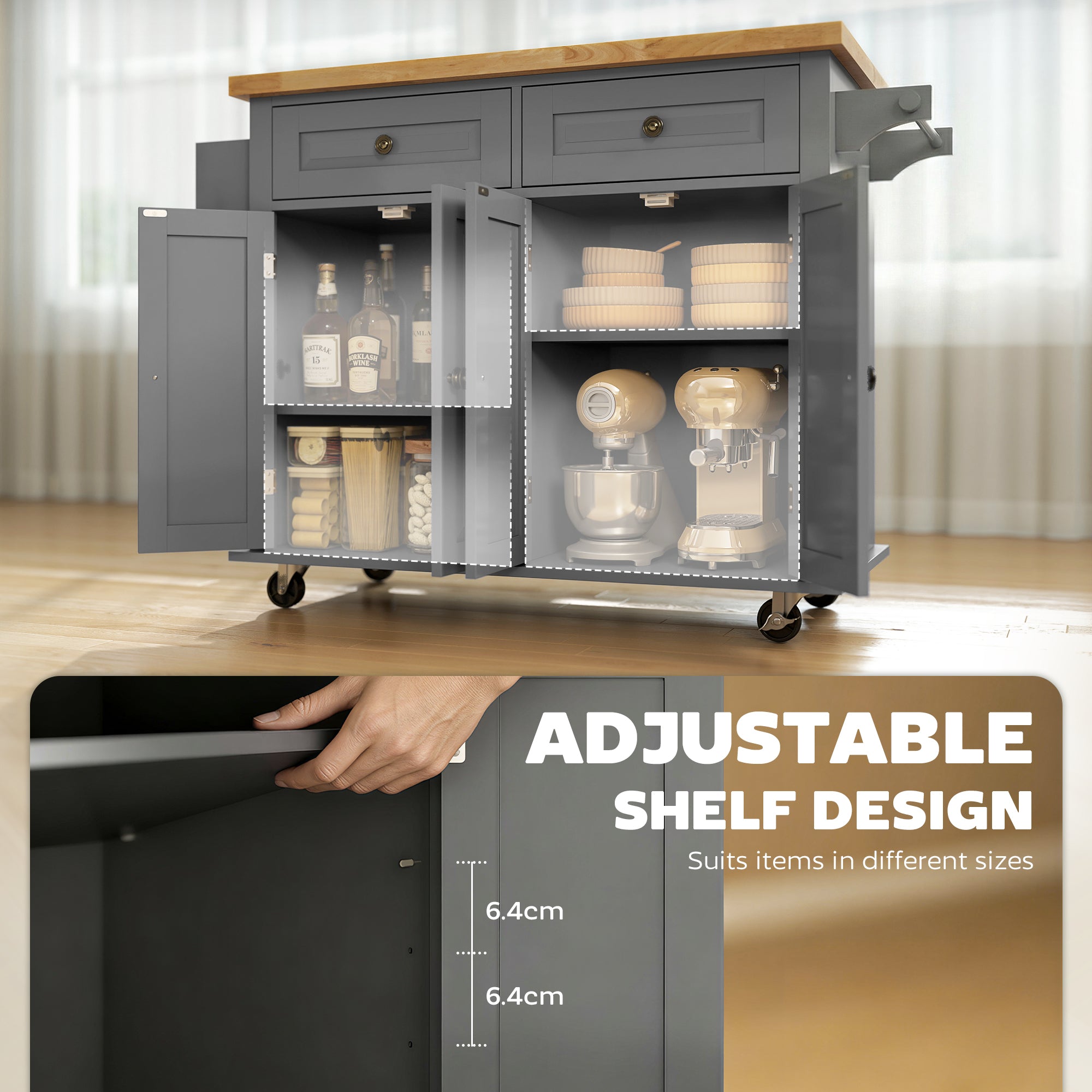 44" Mobile Kitchen Island Table, Kitchen Island Cart on Wheels with Storage Cabinets, 2 Drawers, Gray