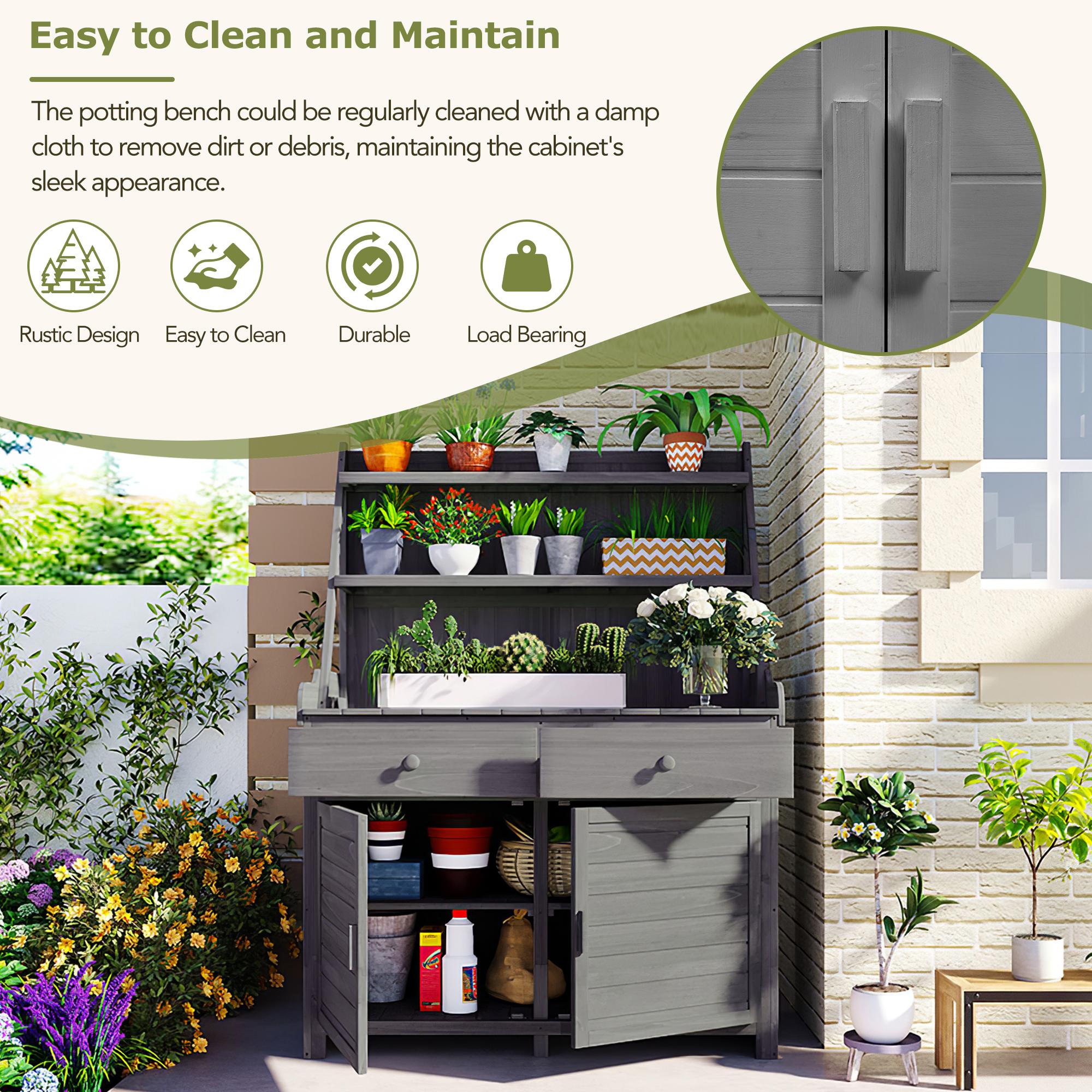 Fir Wood Potting Bench with Drawer & Cabinet for Garden, Outdoor Garden Workstation with Three-Tier Shelf, 47'' L x 23'' W x 65'' H, Gray