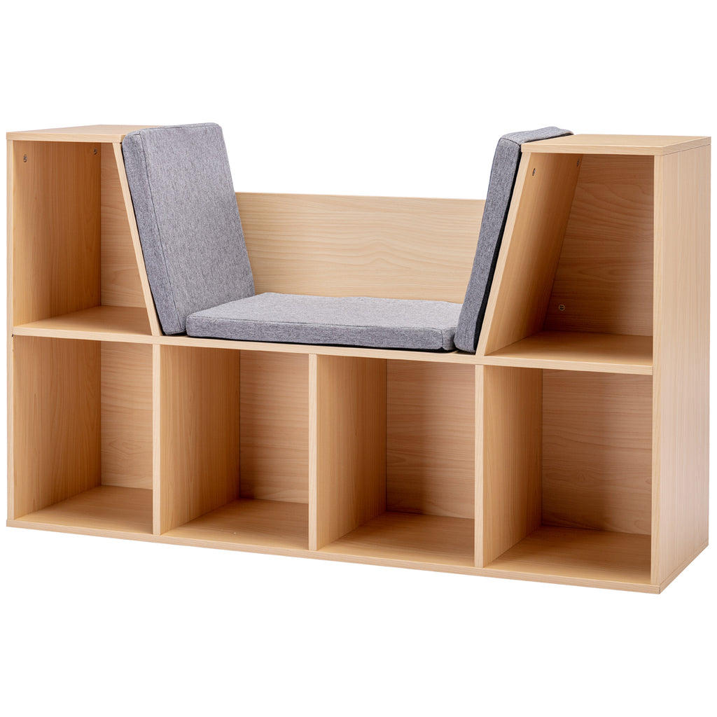 6-Cubby Kids Bookcase with Reading Nook and Cushion, Multi-Purpose Storage Organizer for Bedroom, Living Room, Natural