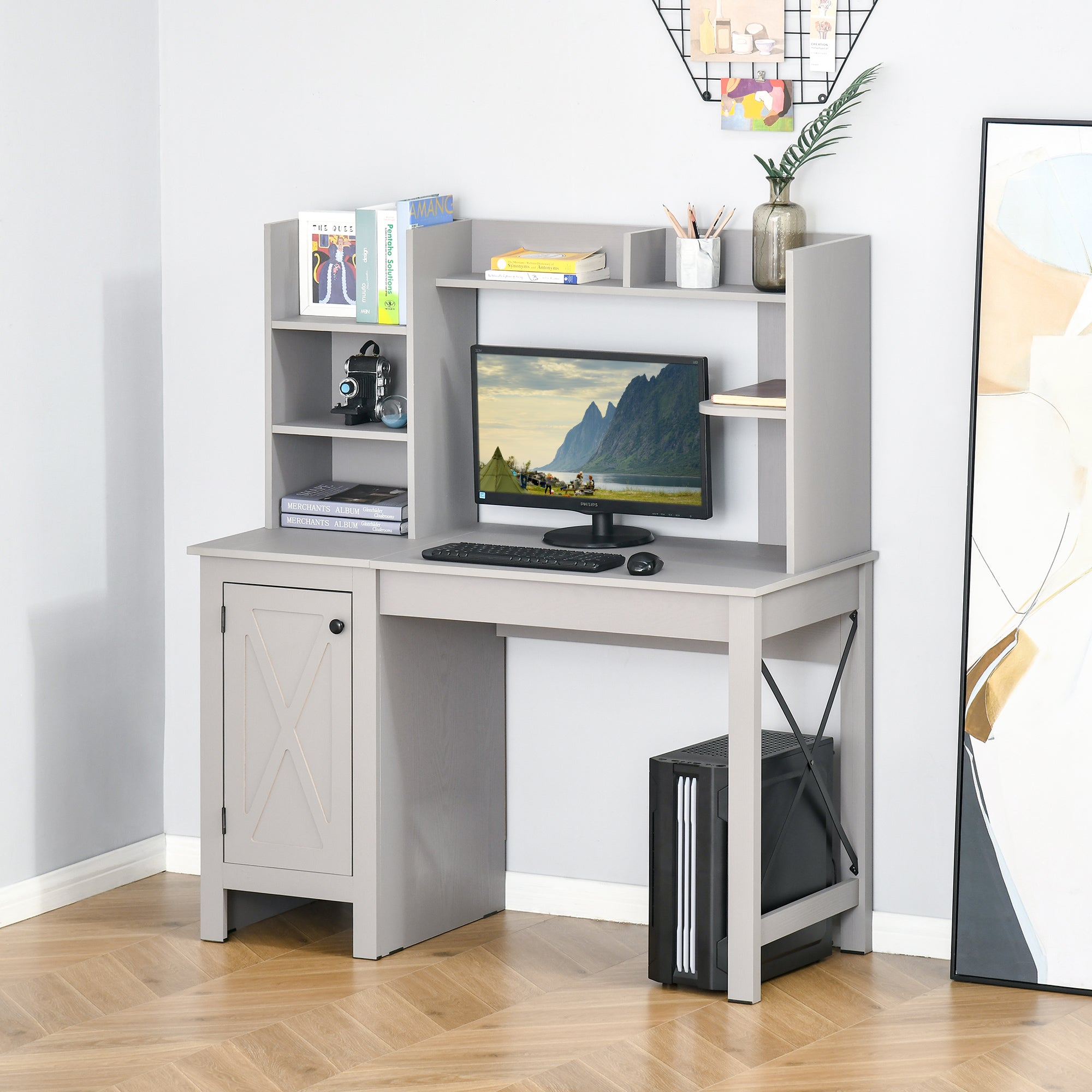 Computer Desk W/ Hutch, Home Office Desk W/ Storage Cabinet, Light Grey