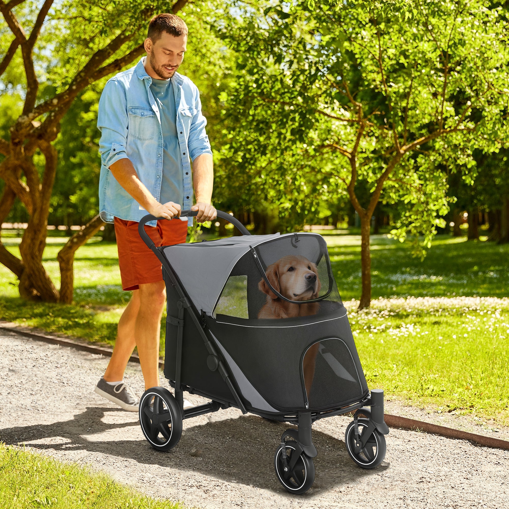 Dog Stroller for Large Medium Small Dogs up to 66 Lbs. 23.5" in Body Length, One-Click Foldable Pet Cat Stroller with Storage, Shock Absorption Wheels, Mesh Window, Safety Leash, Gray