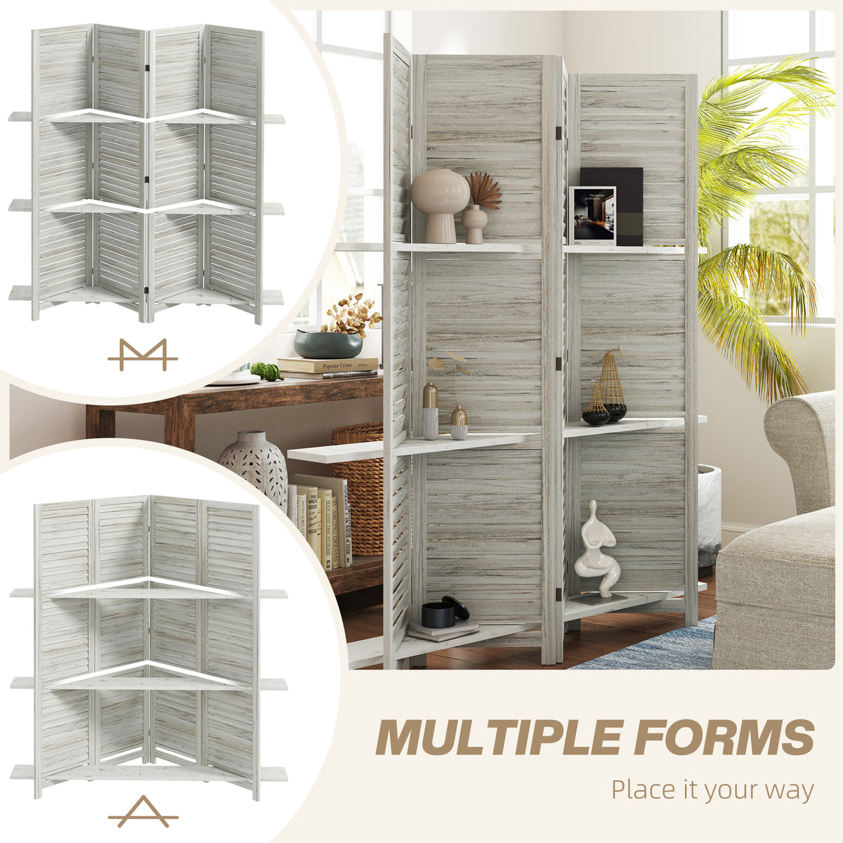 4 Panel 67" Tall Wood Privacy Screen Room Divider with 3 Shelves and Folding Storage for Bedroom, Distressed White