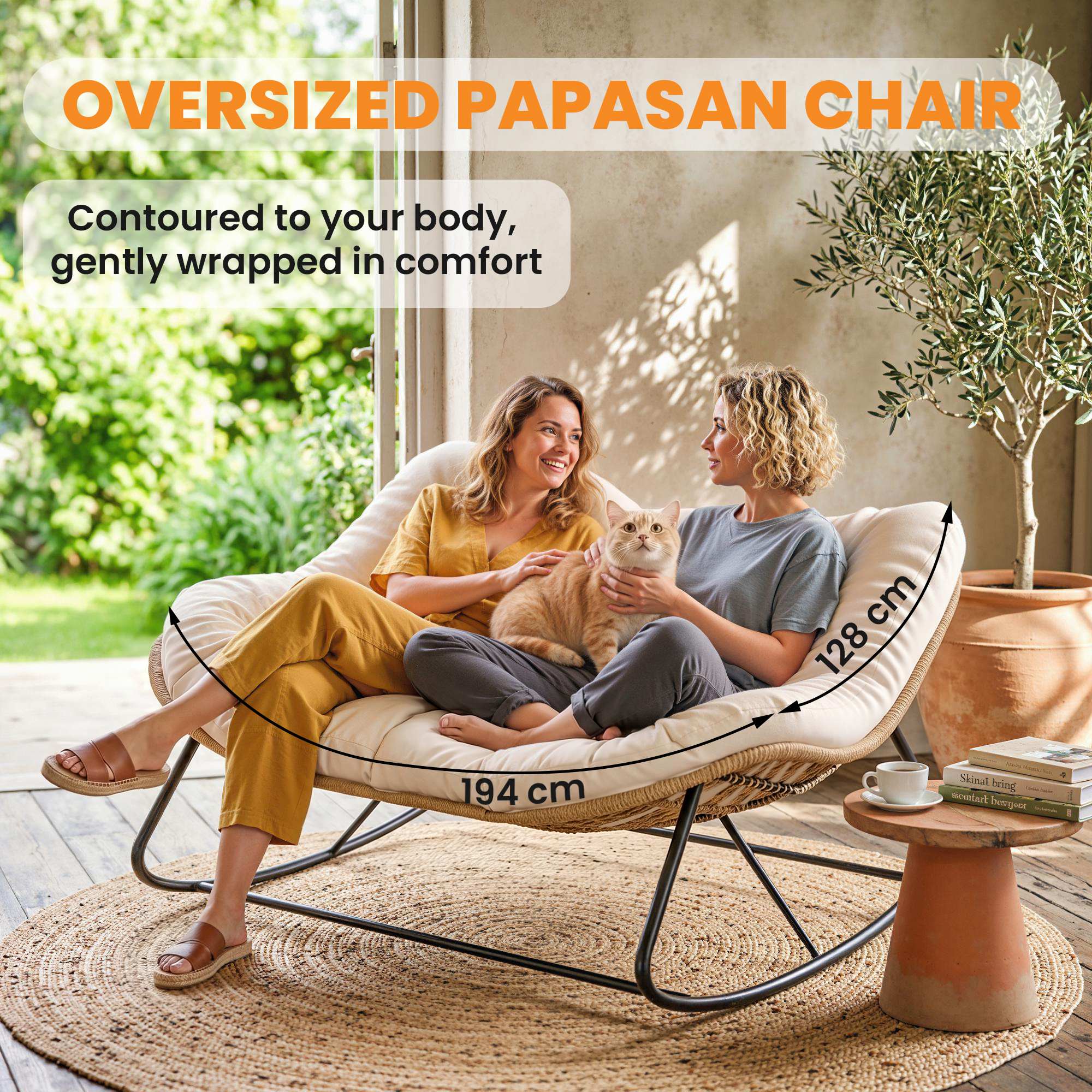 Indoor Outdoor Double Papasan Rocking Chair, Oversized Rocking Egg Chair with Cushion for Garden, Patio, Cream White