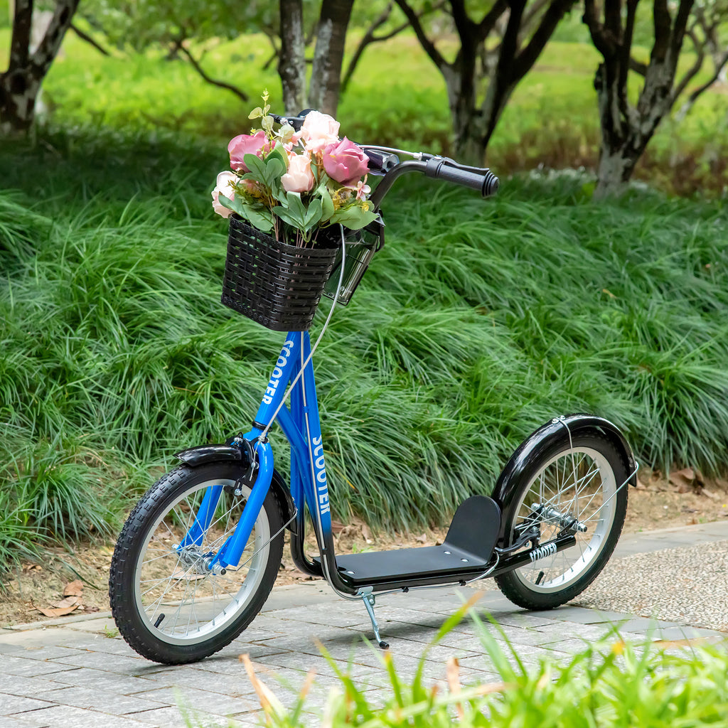 Youth Scooter, Kick Scooter with Adjustable Handlebars, Double Brakes, 16" Inflatable Rubber Tires, Basket, Cupholder, Blue