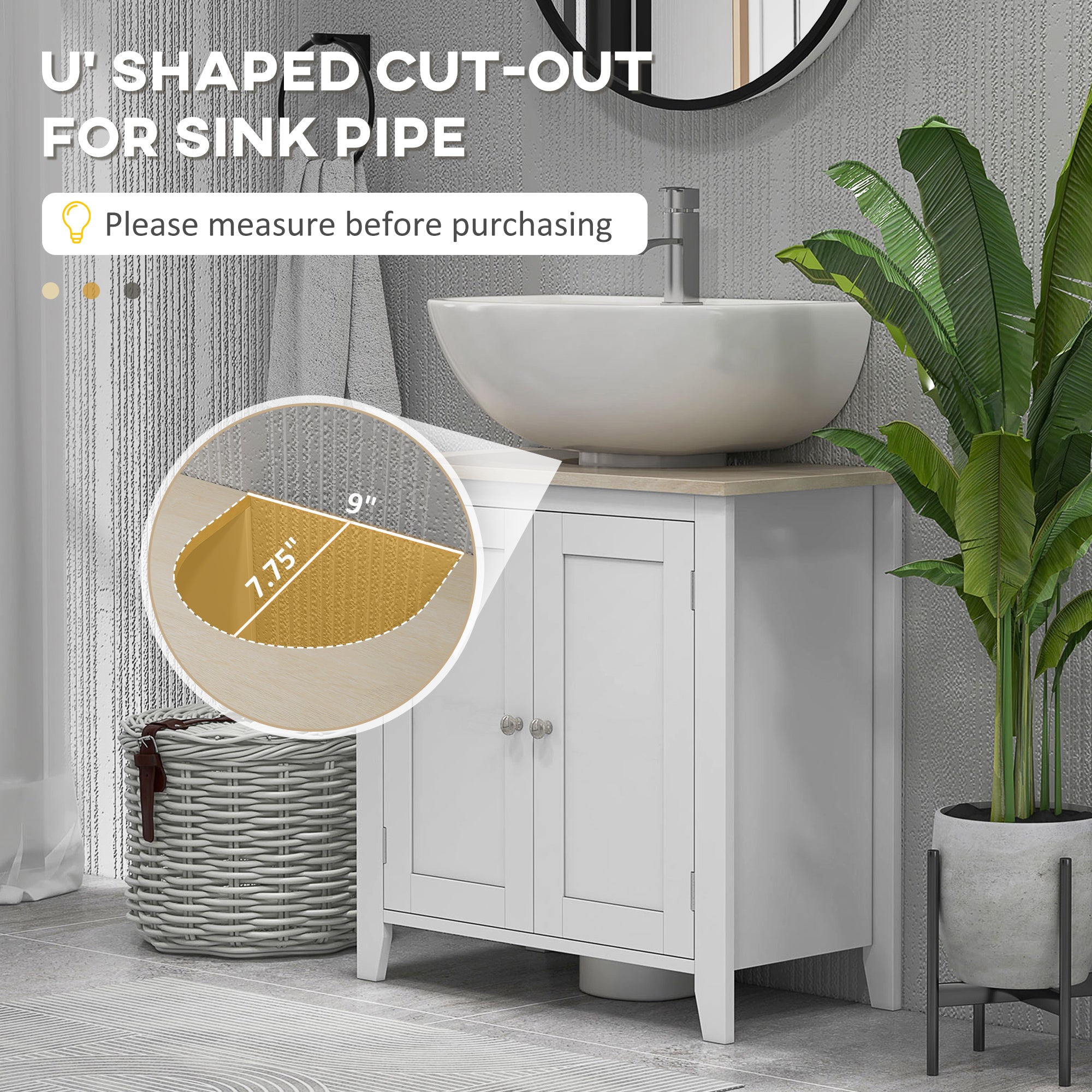 Pedestal Sink Storage Cabinet, Under Sink Cabinet with U-Shape and Adjustable Internal Shelf, White