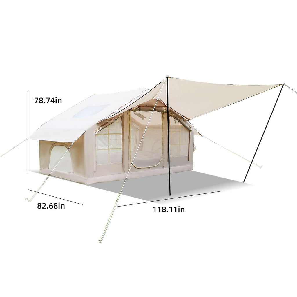 Inflatable 4-Season Camping Tent with Extended Awning, Waterproof Family Tent with Clear Skylight, 118″ L x 82.5″ W x 78.5″ H, Beige