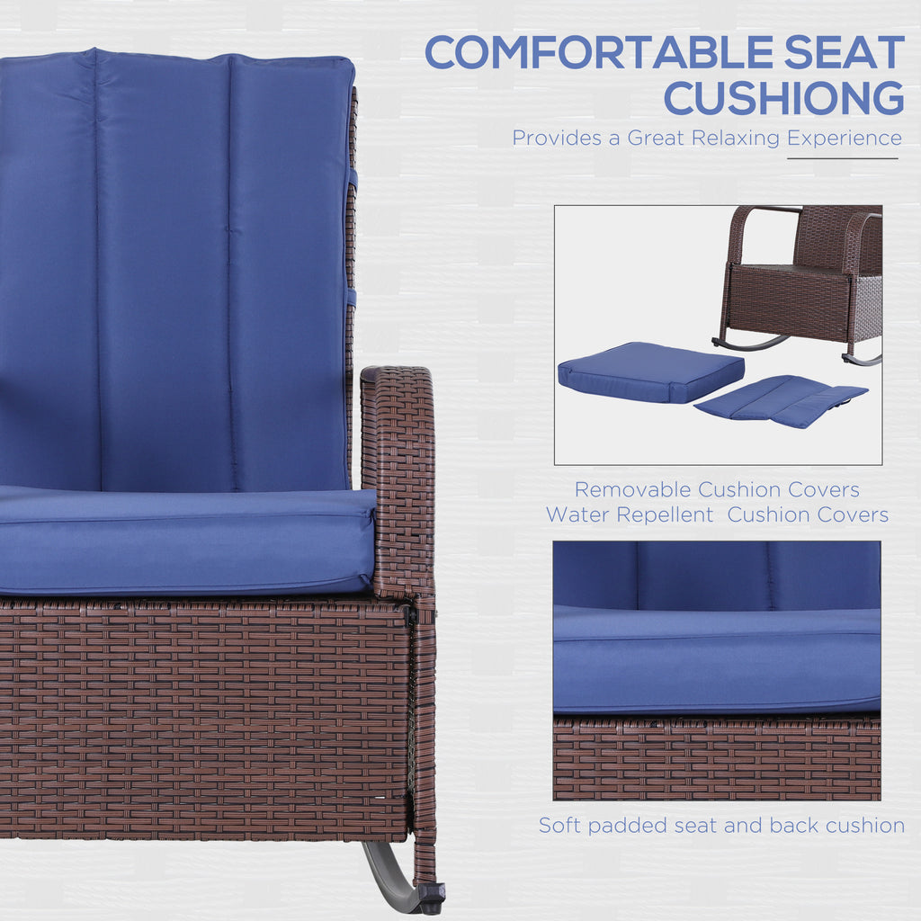 Outdoor Rattan Wicker Rocking Chair Patio Recliner with Soft Cushion, Adjustable Footrest, Max. 135 Degree Backrest, Blue