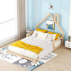Full Size Wood Floor Bed with House-Shaped Headboard, Sturdy Pine Wood Construction, Easy Assembly, 78" L x 56.5" W x 46.5" H, Natural