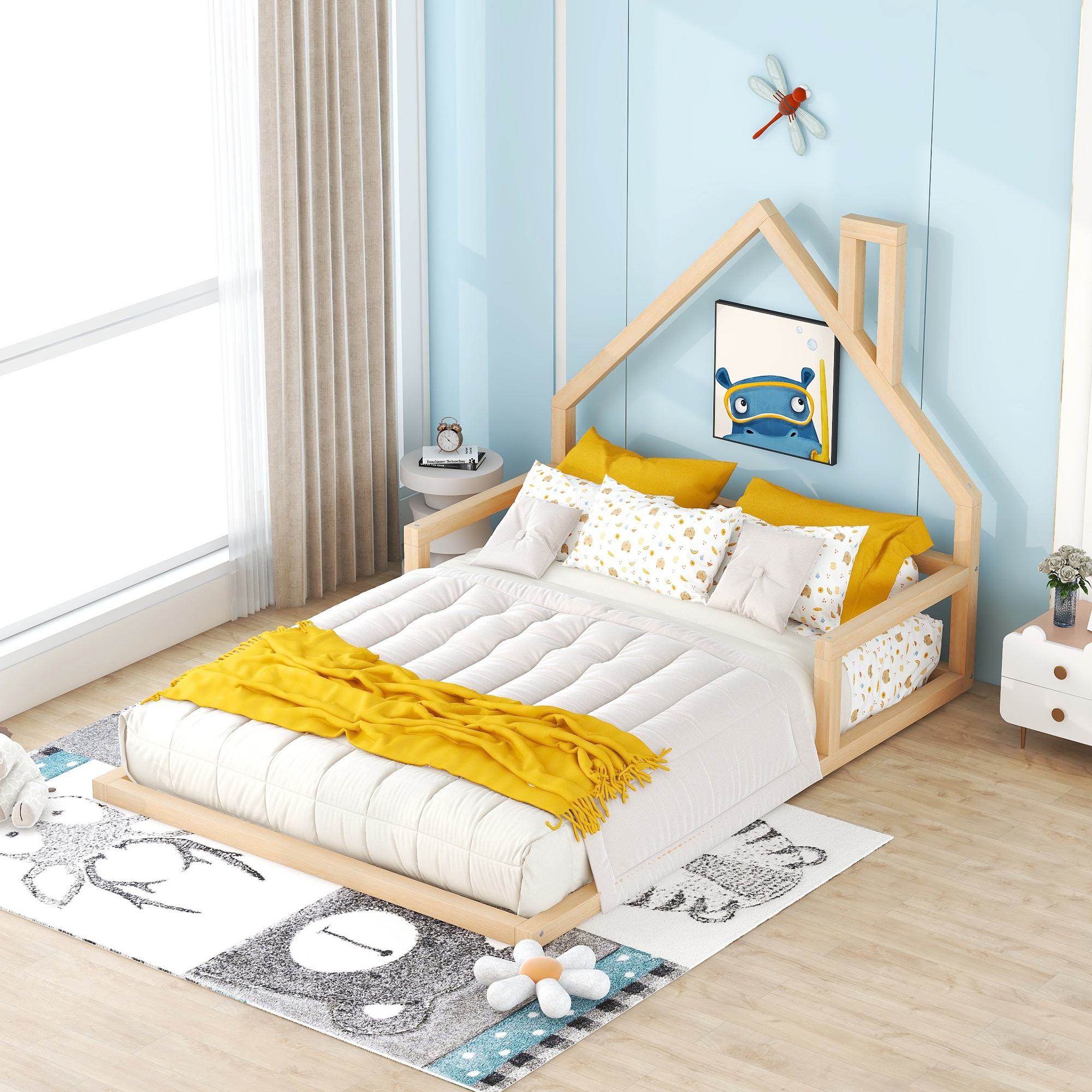 Full Size Wood Floor Bed with House-Shaped Headboard, Sturdy Pine Wood Construction, Easy Assembly, 78" L x 56.5" W x 46.5" H, Natural