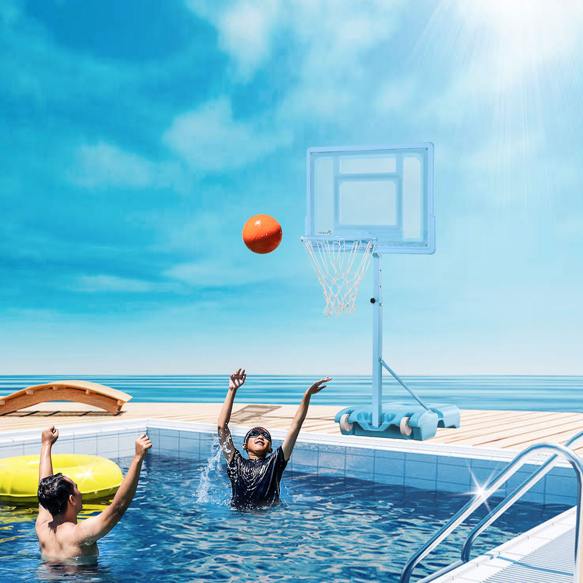 Poolside Basketball Hoop Stand, 36.5"-48.5" Height Adjustable Portable Hoop System w/ Clear Backboard & Fillable Base for Whole Family, Blue, White