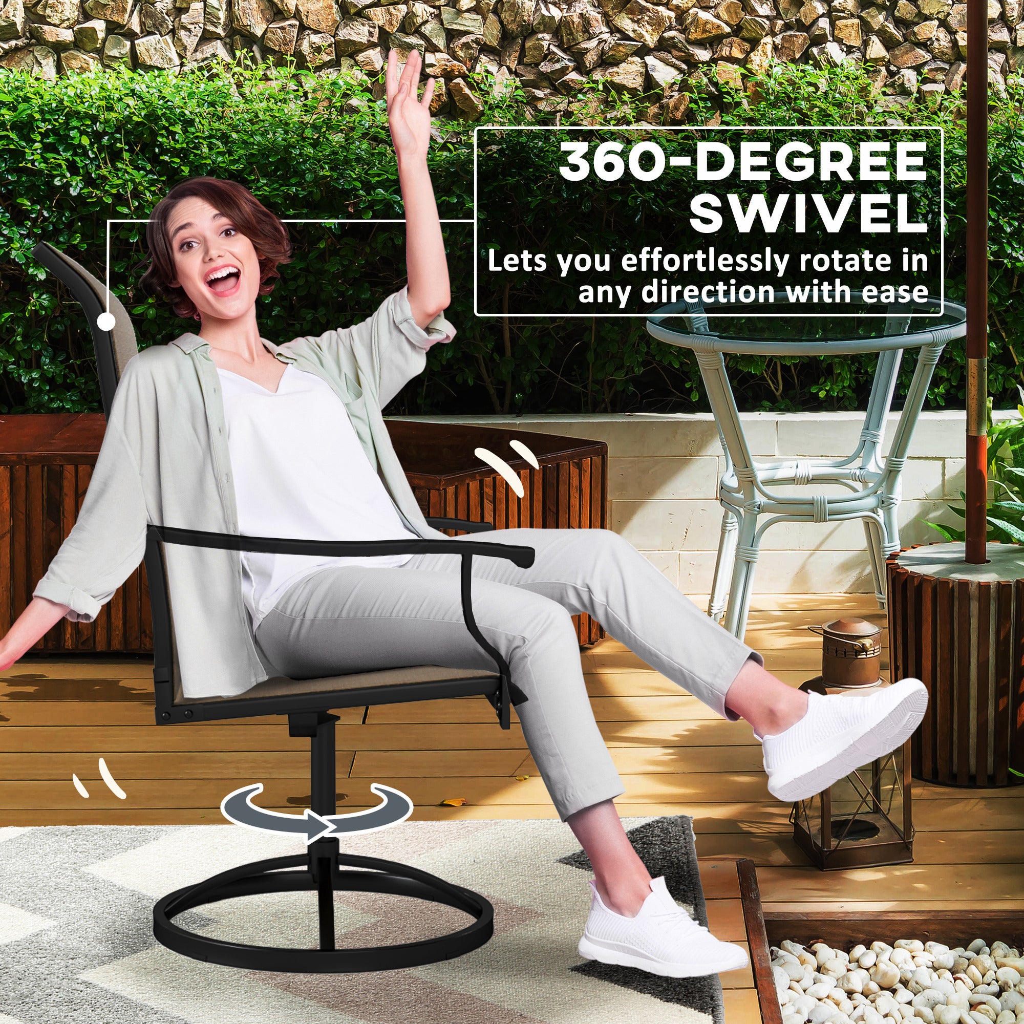 Patio Swivel Chairs Set of 2, High Back Patio Dining Chairs with All-Weather Mesh for Backyard, Lawn, Garden, Brown