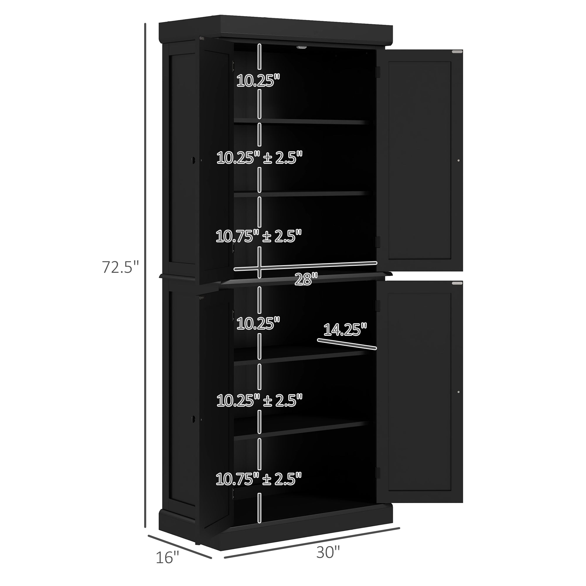 72" Kitchen Cabinet, Pantry Storage Cabinet with Doors and Shelves, Freestanding Food Pantry Cabinet, Black