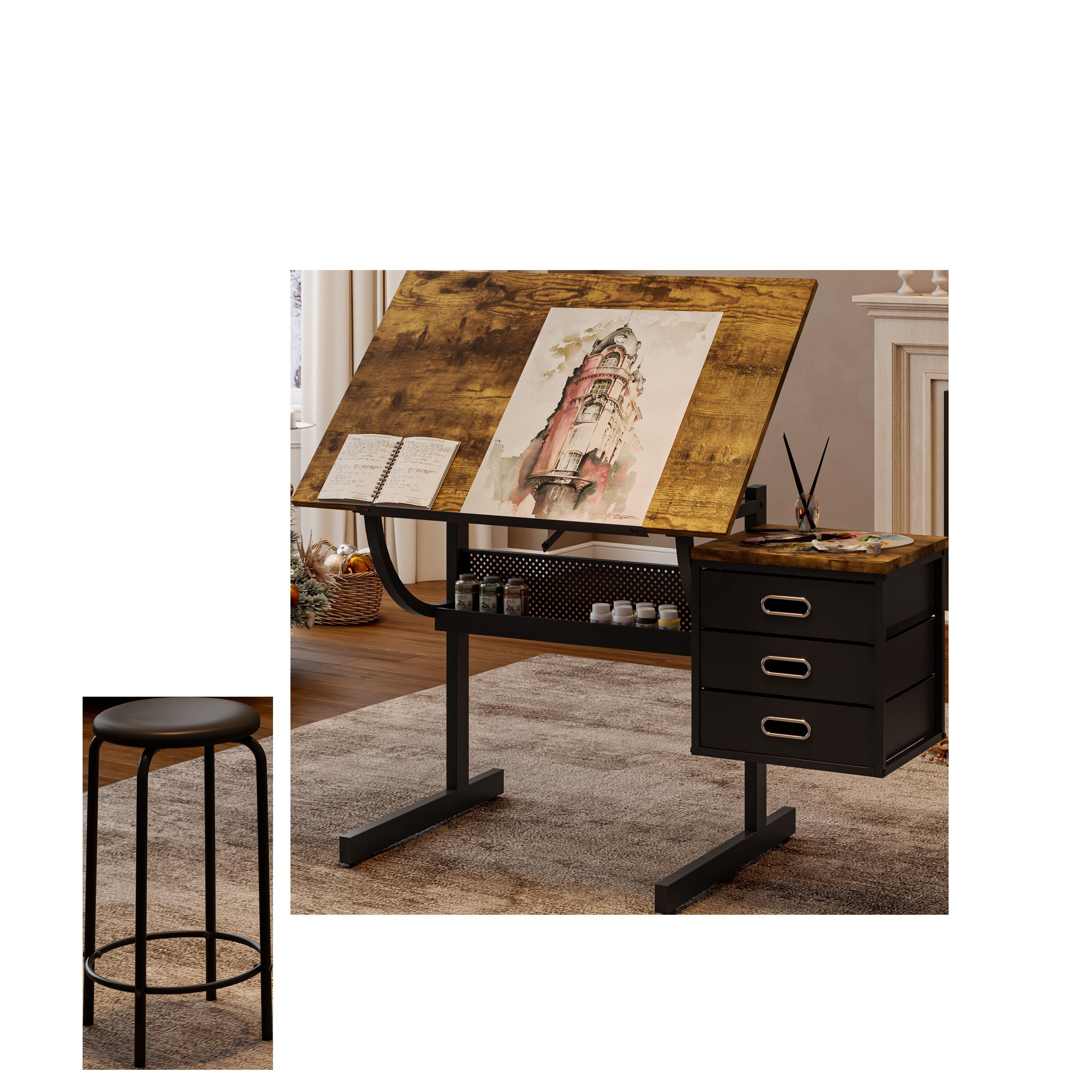 Adjustable Drafting Table with 3 Drawers, Owder-Coated Steel Frame, Drawing Desk for Sketching and Crafting, 46" L x 23.5" W x 29.5" H, Black