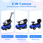 3 In 1 Push Cars for Toddlers Kid Ride on Push Car Stroller Sliding Car with Horn Music Light Function Secure Bar Ride on Toy for Boy Girl 18-36 Months, Blue