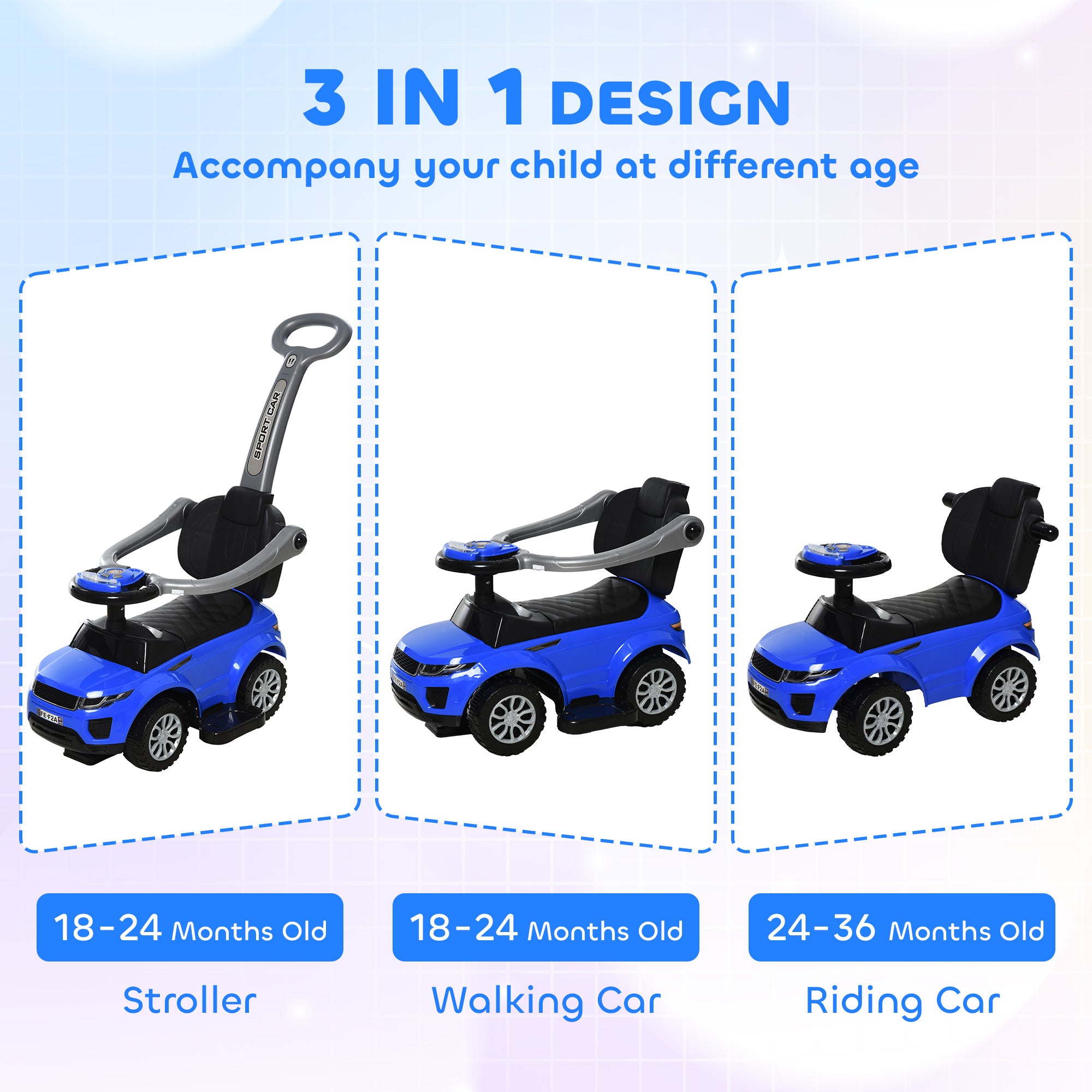 3 In 1 Push Cars for Toddlers Kid Ride on Push Car Stroller Sliding Car with Horn Music Light Function Secure Bar Ride on Toy for Boy Girl 18-36 Months, Blue