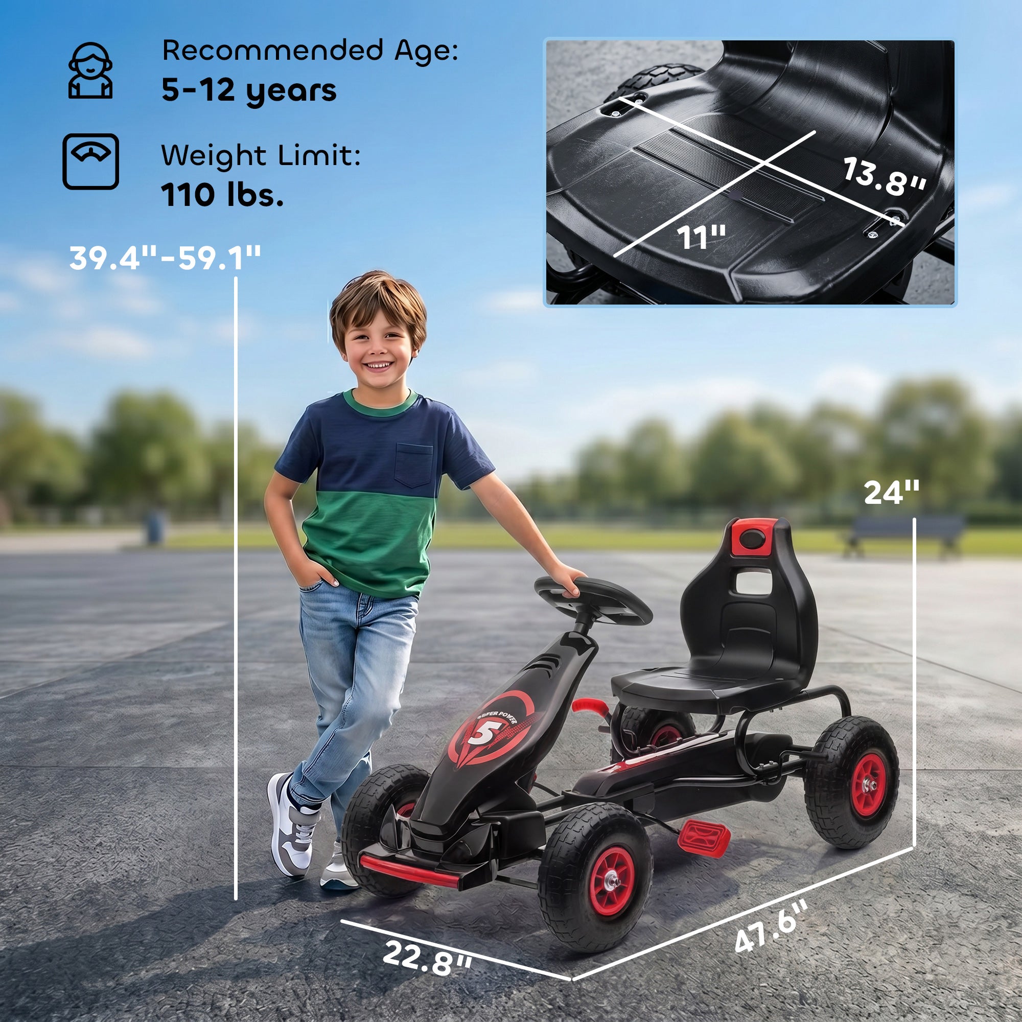 Kids Pedal Go Kart Ride-on Toy with Ergonomic Comfort, Pedal Car with Tough, Wear-Resistant Tread, Go Cart Kids Car for Boys & Girls with Suspension System, Safety Hand Brake, Ages 5-12, Red