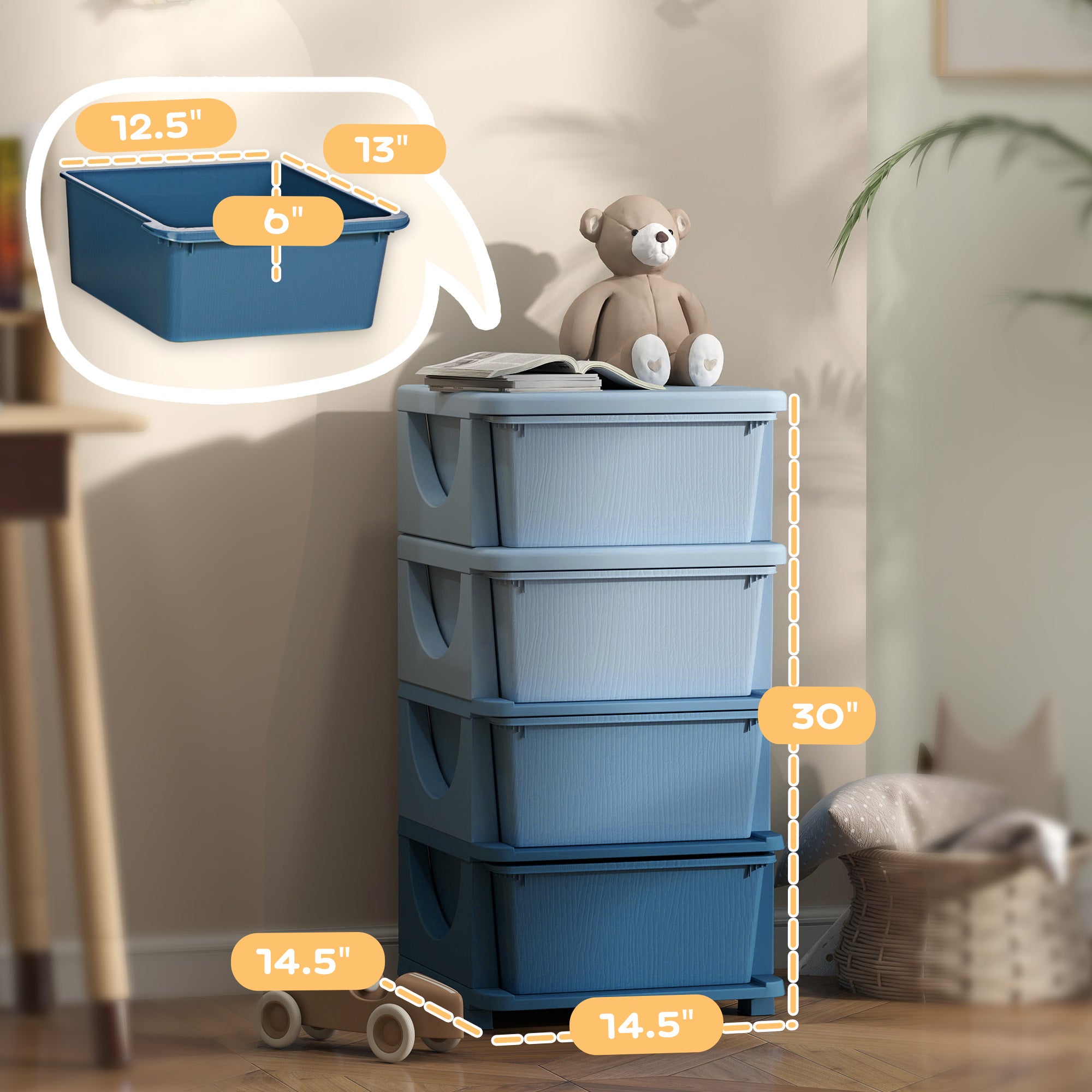 30" 4 Tier Kids Storage Unit Dresser Tower w/ 4 Drawers, Blue