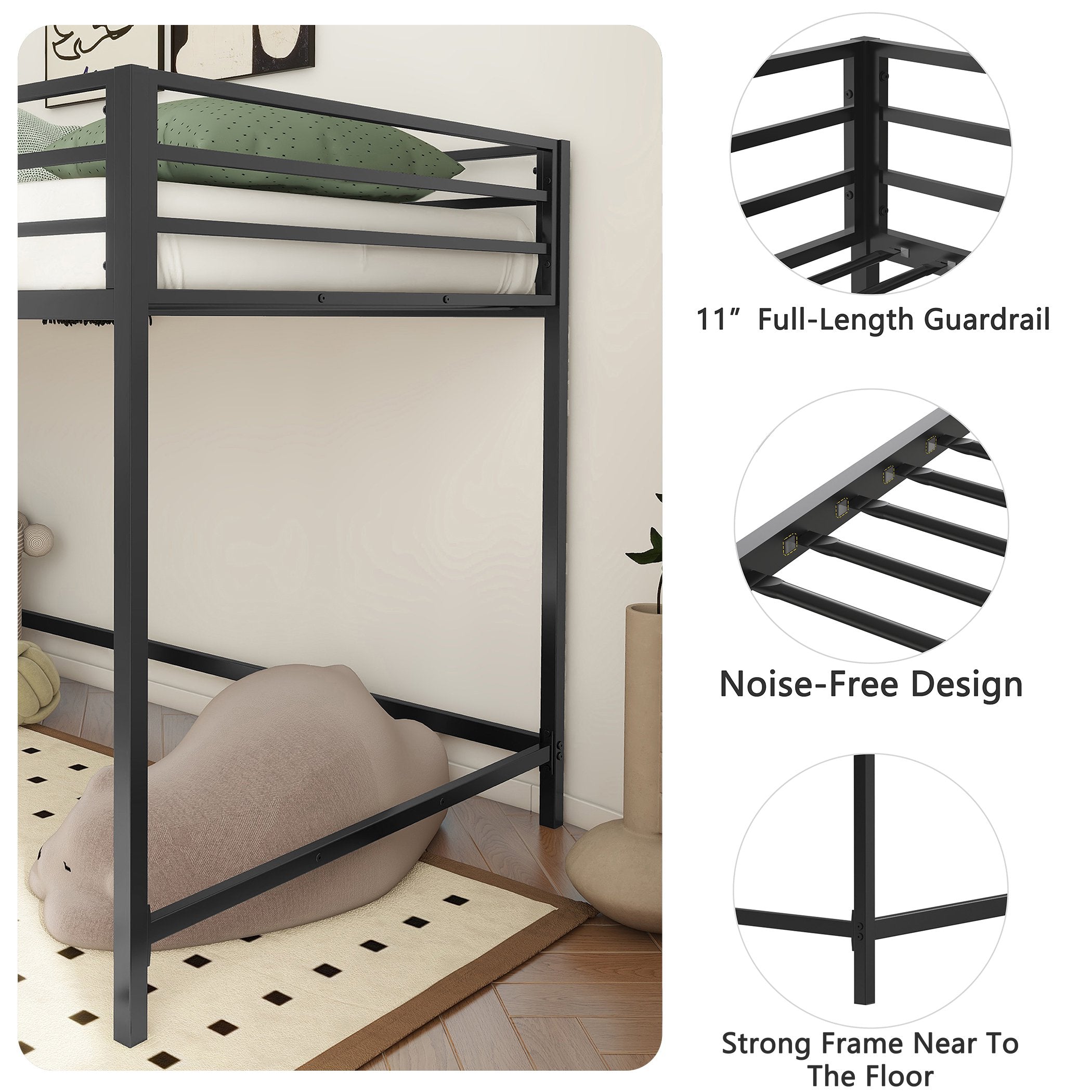 Junior Twin Loft Bunk Metal Bed Frame with Full-Length Guardrails, Anti-Noise Design, and Protective Post Caps, 76.69″ L x 40.94″ W x 49.49″ H, Black