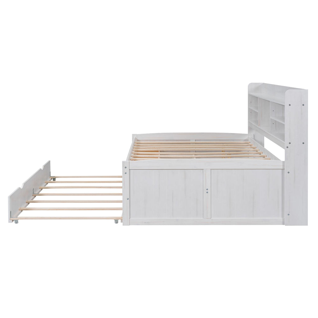 Classic Style Full Size Wooden Captain Bed with Built-in Bookshelves, 3 Storage Drawers, and Trundle, 79" L x 104.5" W x 47" H, White
