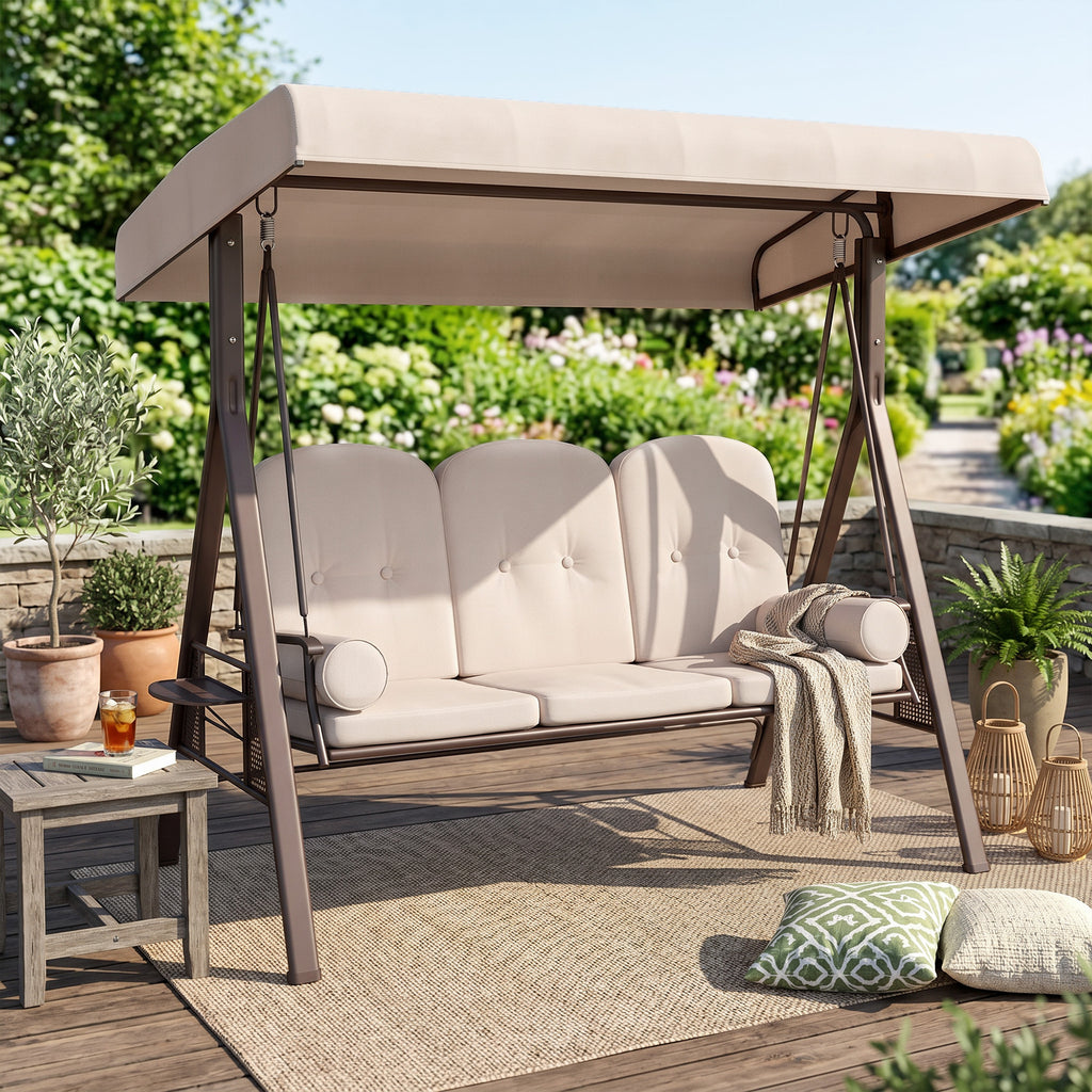 3-Seat Patio Swing Chair, Outdoor Porch Swing Glider with Adjustable Canopy, Removable Cushion, Pillows and Side Trays, for Garden, Poolside, Backyard, Beige