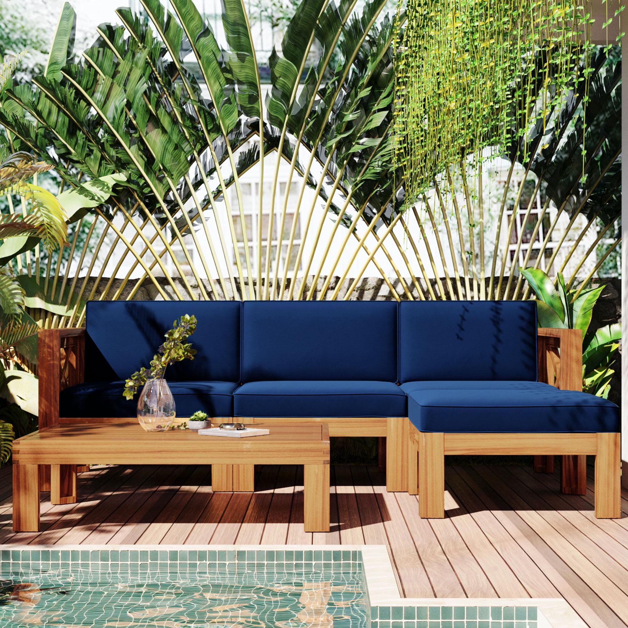Casual Outdoor Sectional Sofa with Wood Frame & Cushions, Patio Seating Group for Backyard, 25.5" L x 25.5" W x 25.5" H, Natural