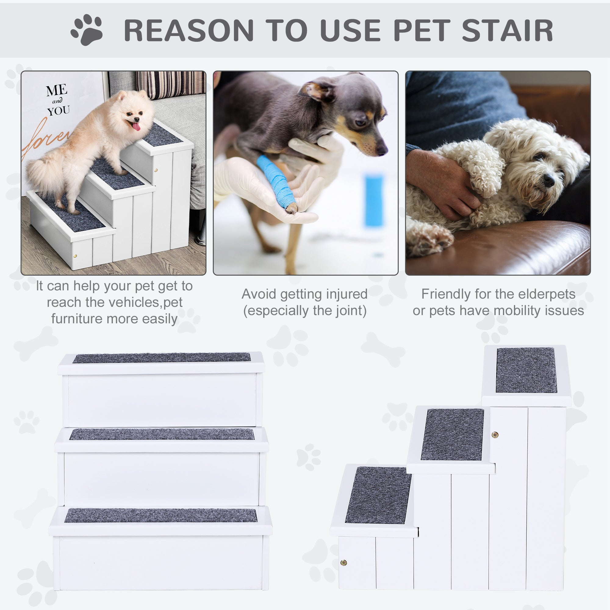 3 Step Wooden Carpeted Non Slip Pet Stairs Ramp for Cats and Small Dogs - White
