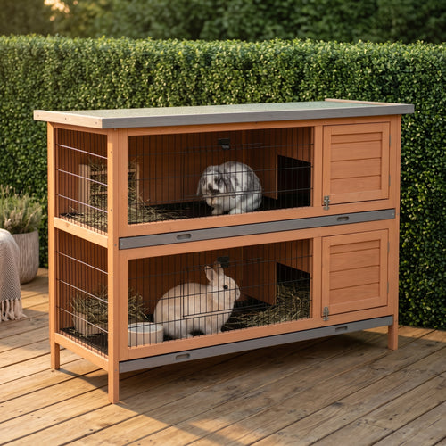54" 2-Story Large Rabbit Hutch Bunny Cage Wooden Pet House Small Animal Habitat Lockable Doors, Tray, Roof, Orange