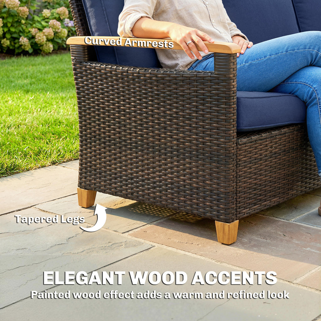 3 Seater Outdoor Couch Sofa, PE Wicker Patio Sofa, Wide Deep Seat, 4" Cushions, Wood-Effect Armrests Legs, Dark Blue