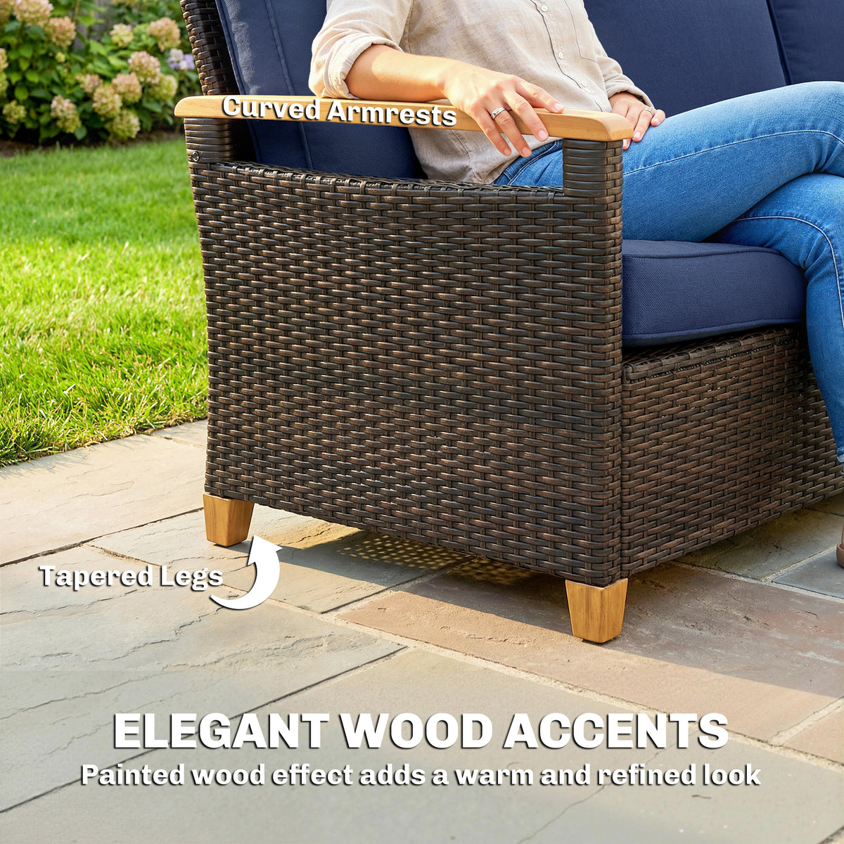 3 Seater Outdoor Couch Sofa, PE Wicker Patio Sofa, Wide Deep Seat, 4" Cushions, Wood-Effect Armrests Legs, Dark Blue