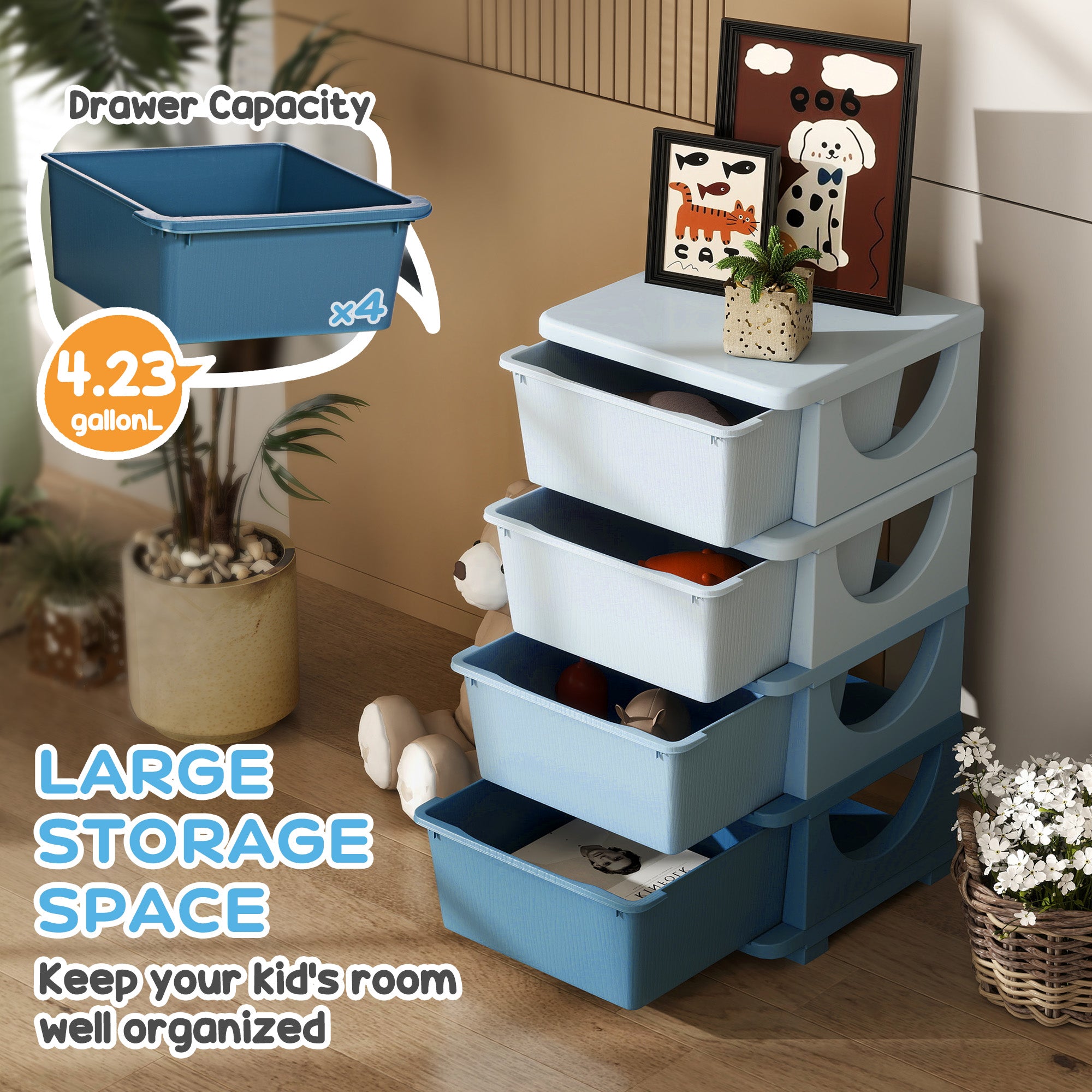 30" 4 Tier Kids Storage Unit Dresser Tower w/ 4 Drawers, Blue