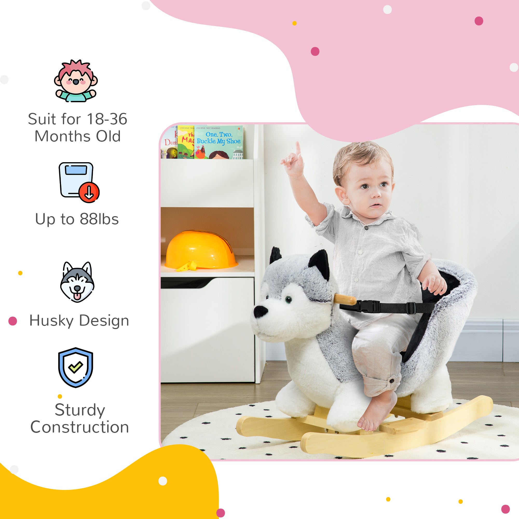 Toddler Rocking Chair Husky-Themed Rocking Animal with Wooden Base, Seat Belt for Kids 18-36 Months