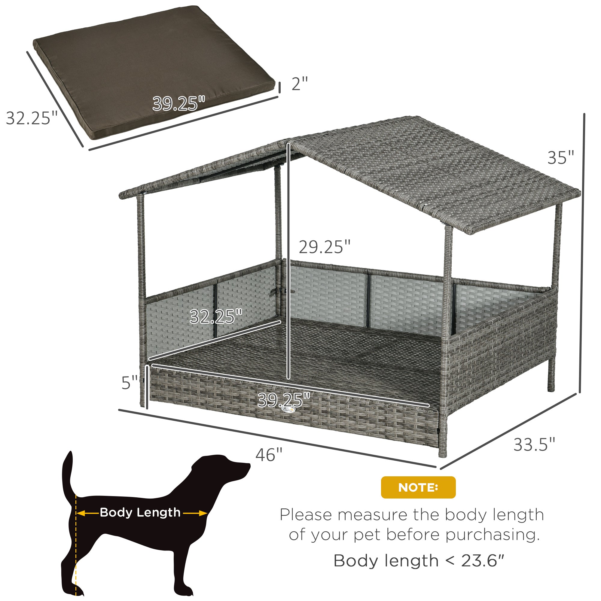 Outdoor Dog Bed with Canopy, Rattan Dog Bed with Soft Cushion Removable Cover for Medium and Large Dogs, Charcoal Gray