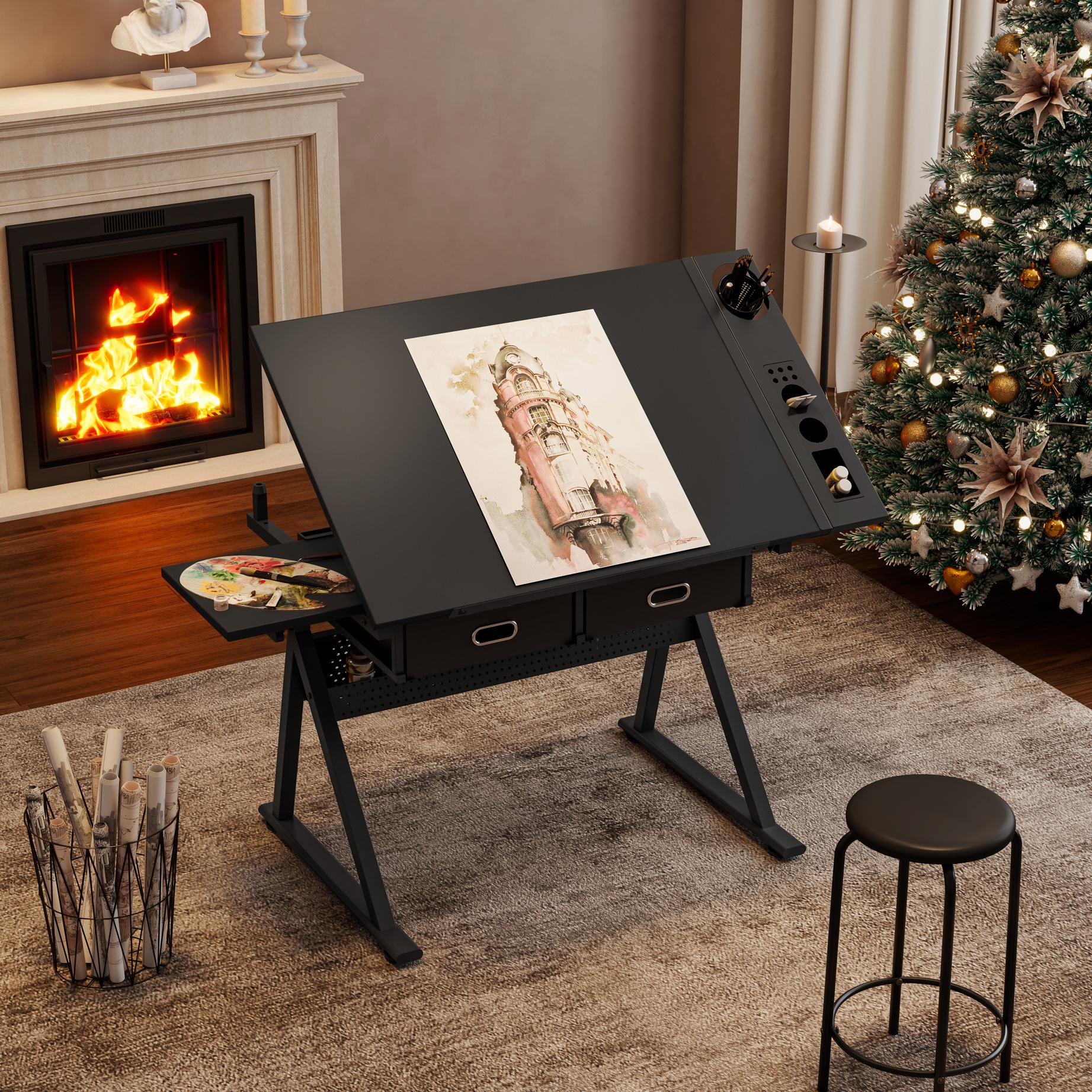 Adjustable Drafting Table Desk with Tilt Top, 2 Large Fabric Drawers, Drawing Desk with Leveling Feet, 38.5" L x 23.5" W x 27" - 36" H, Black