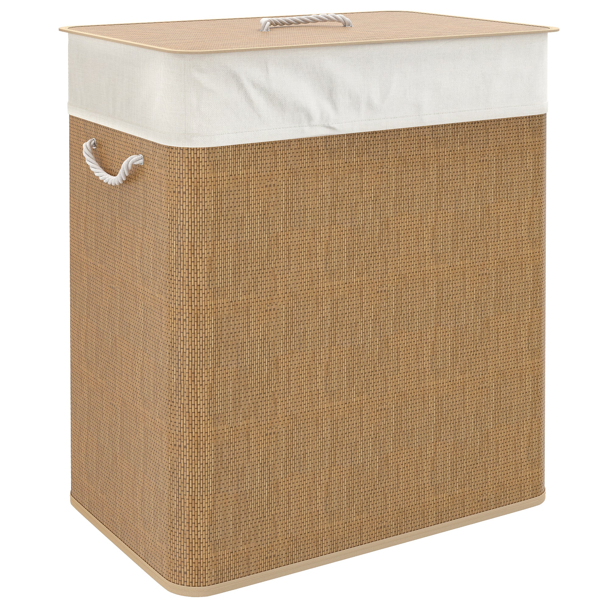 Double Laundry Basket with Lid, 26.4 Gallon Bamboo Laundry Hamper with Rope Handles and Removable Liner, Brown