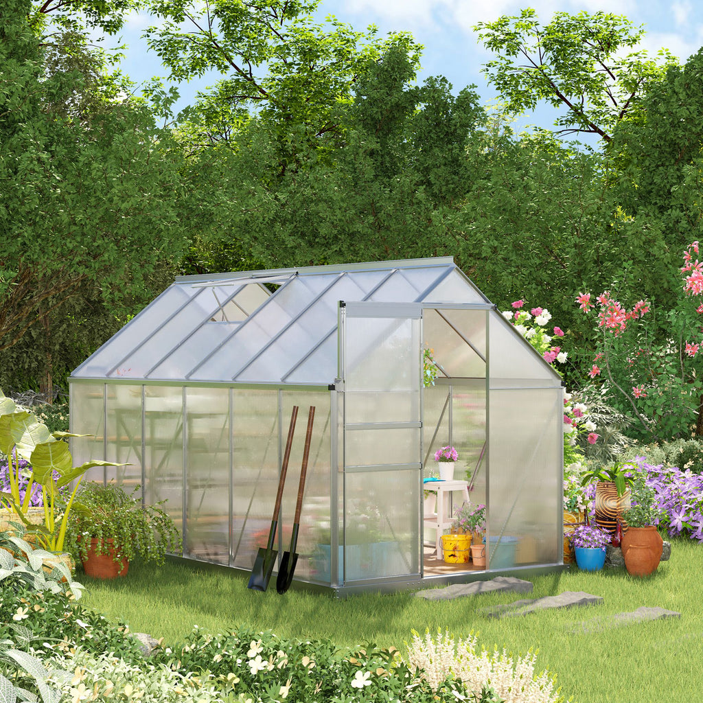 12' x 6' x 6.5' Polycarbonate Greenhouse with Aluminum Frame, Walk-in Heavy Duty Green House with Adjustable Roof Vent, Rain Gutter and Sliding Door for Winter, Silver