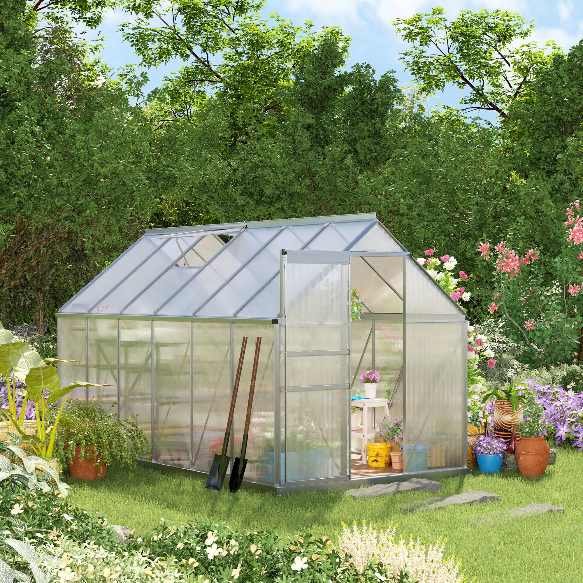 12' x 6' x 6.5' Polycarbonate Greenhouse with Aluminum Frame, Walk-in Heavy Duty Green House with Adjustable Roof Vent, Rain Gutter and Sliding Door for Winter, Silver