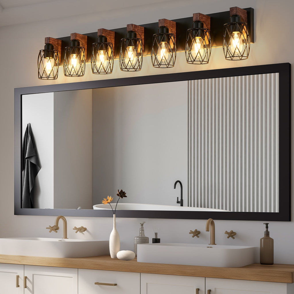 Industrial 7-Light Wall Sconce with Metal Wire Cage Shades, Wooden Accents, Ideal for Bathroom, Hallway, 44" L x 6" W x 8.5" H, Walnut+Black