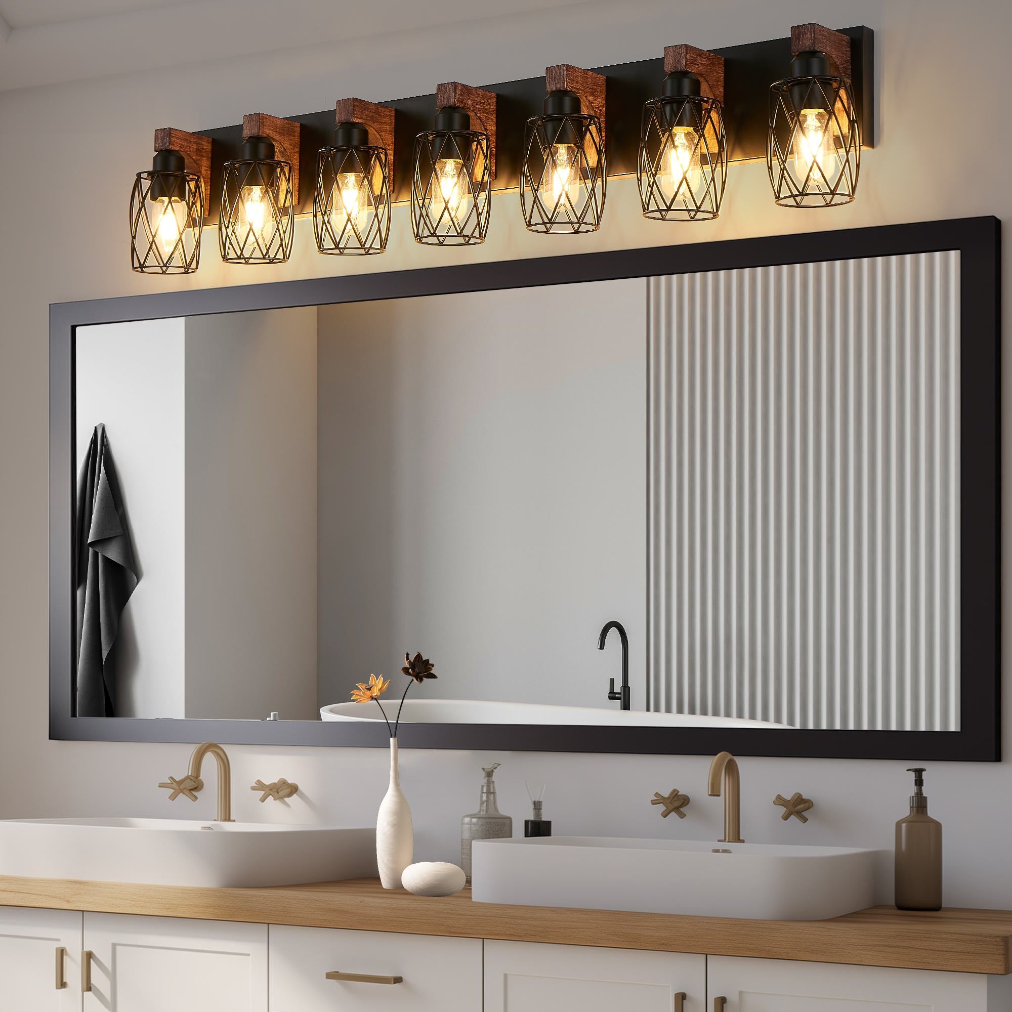 Industrial 7-Light Wall Sconce with Metal Wire Cage Shades, Wooden Accents, Ideal for Bathroom, Hallway, 44" L x 6" W x 8.5" H, Walnut+Black