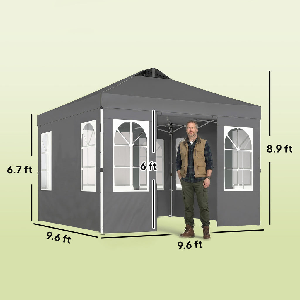 9.6 x 9.6 ft Pop Up Canopy Tent with Sidewalls, One Push Setup, UPF50+ Portable Instant Canopy Shelter, Dark Gray