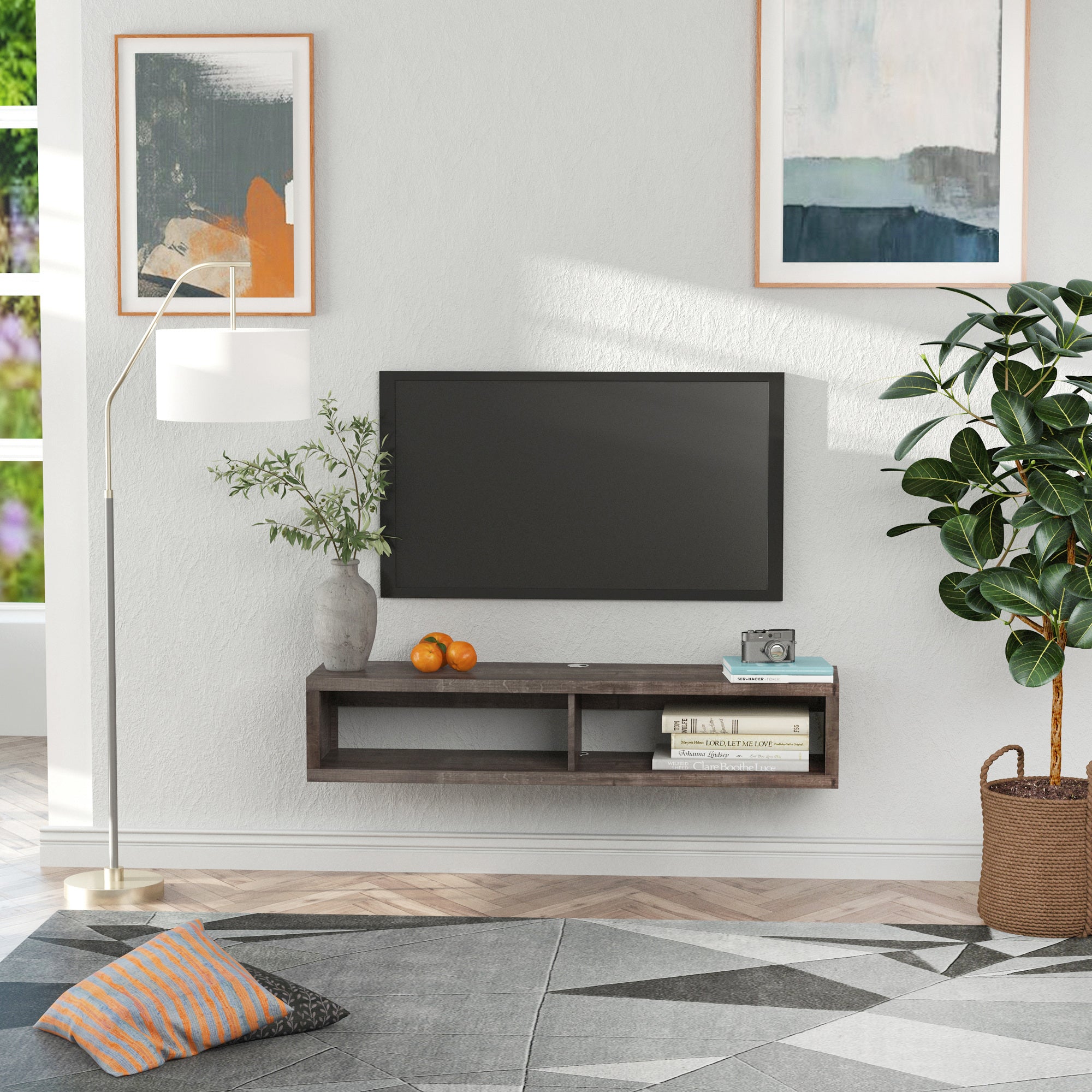 Wall Mounted TV Stand, Media Console Floating Storage Shelf for Living Room or Home Office, Dark Grey